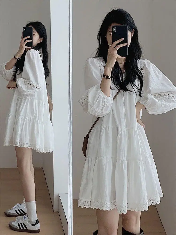 

2024 New White Hollow Spliced Long Sleeved Dress Summer Loose A-line Short Skirt For Women