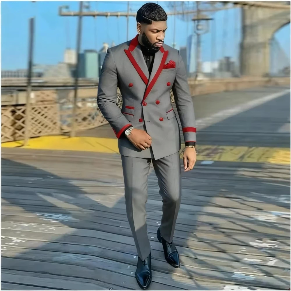 Slim Fit 2 Piece Wedding Men Suits Solid Groom Tuxedo Formal Blazer Pants Set for Prom Party Best Man Peak Lapel Jacket Pants