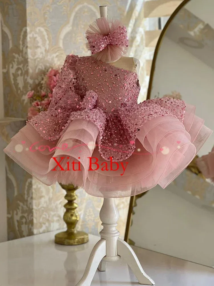 

Luxurious Glitter Flower Girl Dress Ruffles One Shoulder Cute Baby Girl Tutu Party Gown Short Graduation Kids Prom Dress