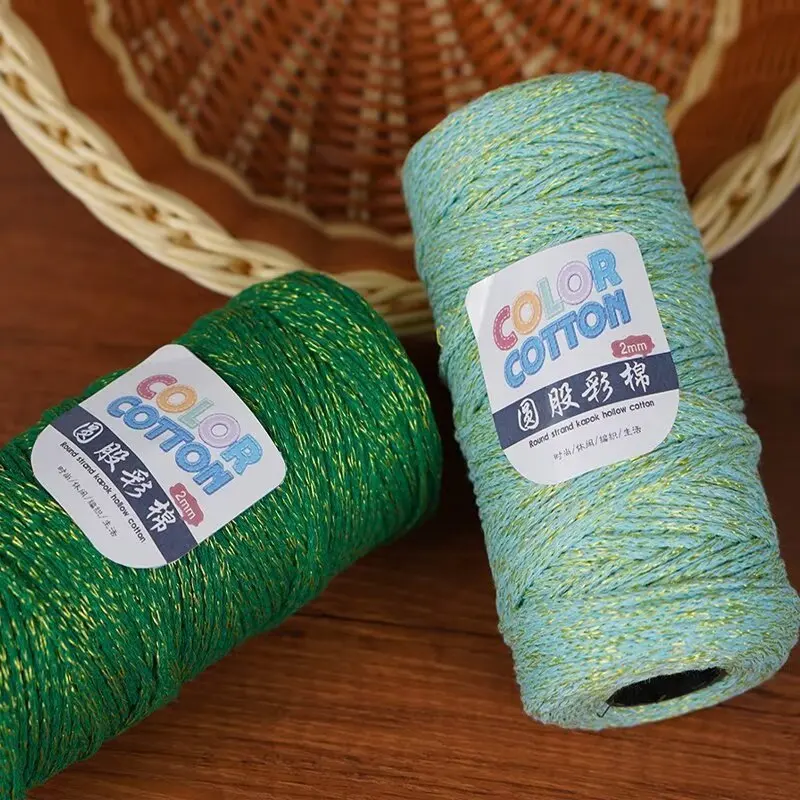 2mm Metallic Gold Hollow Cotton Linen Yarn for DIY Crochet Hats Bags Handmade Crafts Soft and Shiny Round Strand Yarn Thread 4