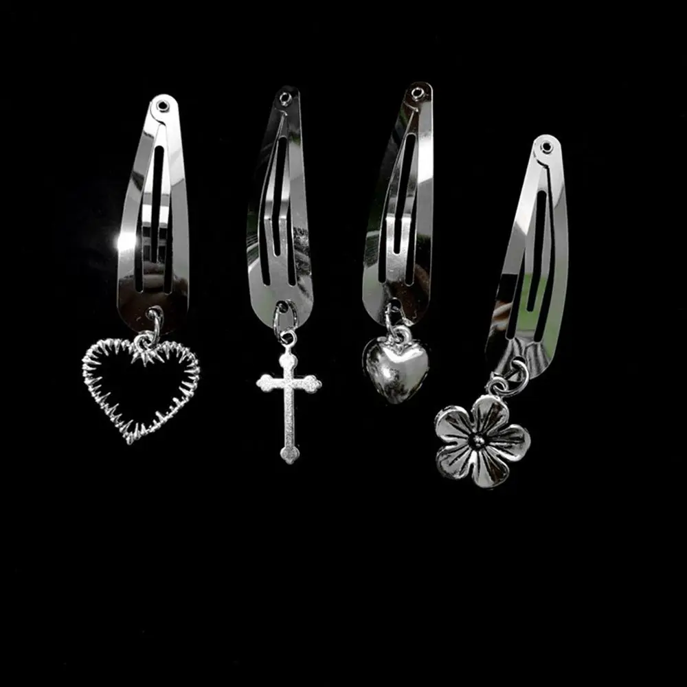 Hairclip 2 Pcs/Set Fashion Punk Style Hair Clip Cherry Cross Love Heart Small Flower Pendant Chain Hairpin Vintage Metal Side Clip black head scarf