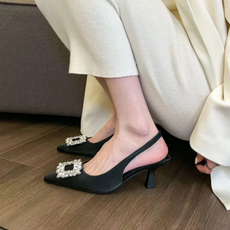 Women's Shoes 2025 Slingbacks Women's High Heels Slip on Dress Pumps Women Crystal Square Button Pointed Toe Thin Heel Sandals 3