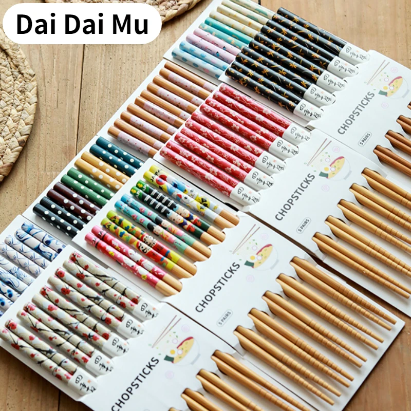 

5pair bamboo wooden chopsticks Reusable Chop sticks Tableware and Wind reative Household Bamboo Eco friendly cute chopsticks