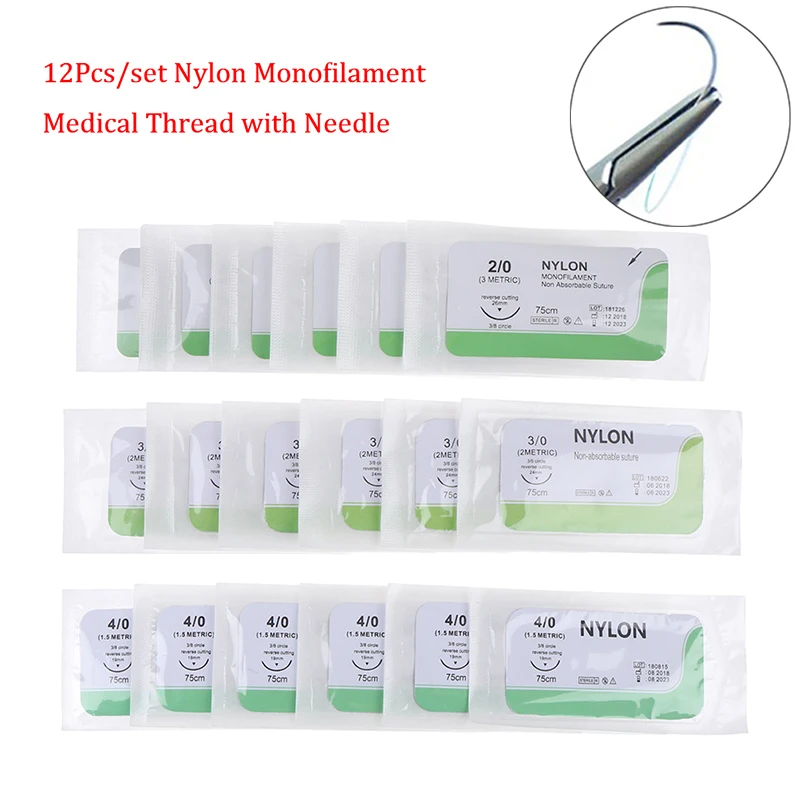 12Pcs 2/0 3/0 4/0 Needle Suture Nylon Monofilament Non-injured Suture Medical Thread Suture For Medical Surgical Suture Tools