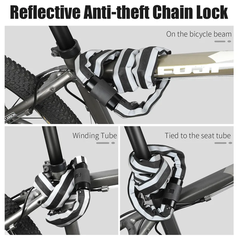 WEST BIKING Bicycle Chain Lock Reflective Anti-Theft Steel Lock Thick Strong Alloy Motor MTB Road Bike Lock Security Chain Lock