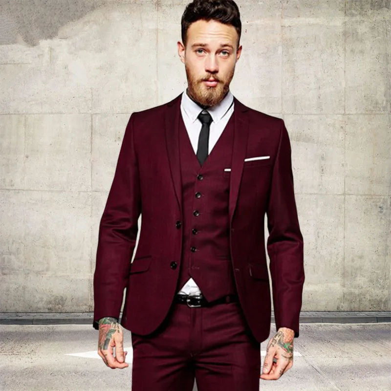 

Men's Fashion Wine Red Burgundy Men Suits Slim Fit Formal Tailor Made Groom Prom Tuxedo 3 Piece Male Blazer Jacket+Pant+Vest