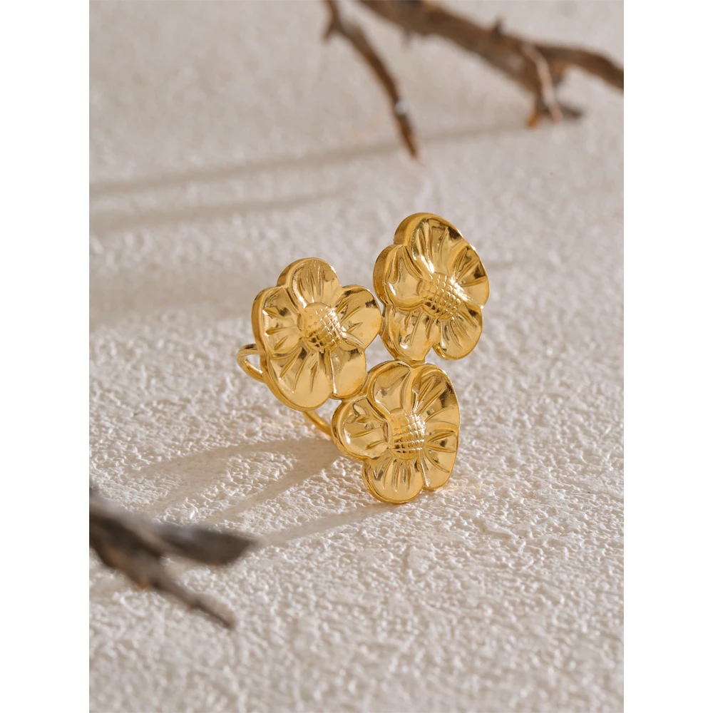 Yhpup 18K Golden PVD Plated Stainless Steel Flower Open Ring