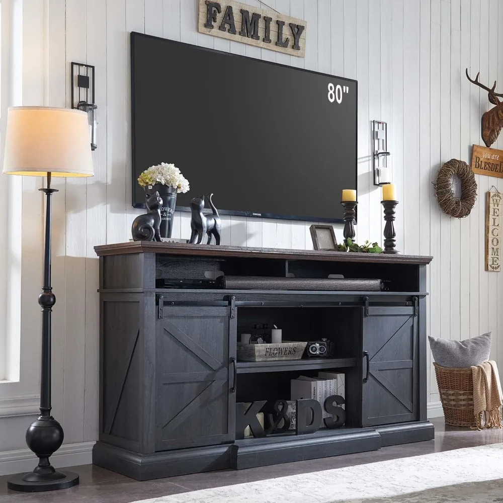 

Farmhouse TV Stand for 80 Inch TVs, 39" Tall Entertainment Center w/Double Sliding Barn Door, Large Media Console Cabinet