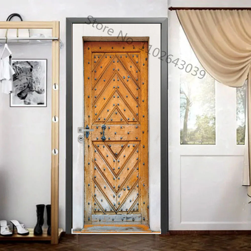 Pegatinas de imitación de madera para puertas, pegatinas de madera retro para puertas, mural artístico autoadhesivo 3D, decoración para dormitorio, sala de estar, papel tapiz de vinilo de PVC