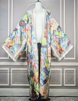 European New Fashion Boho Multicolor Open Front Loose Silk Kimonos Plus Size Summer Beach Sexy Lady Bikini Cover Up For Holiday