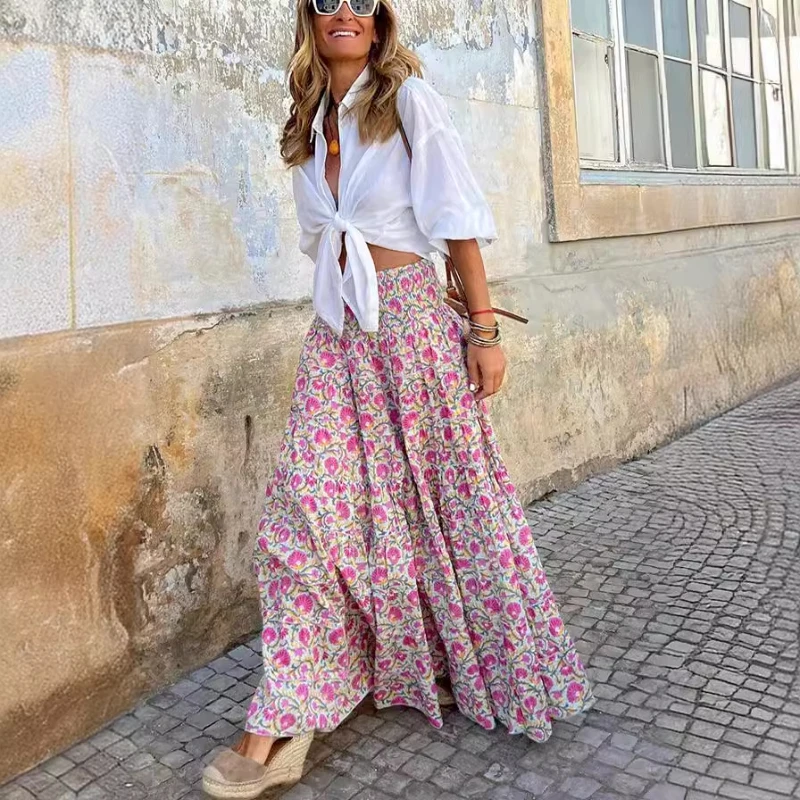 

2024 Summer Europe and The United States Casual Women's Printed Long Skirt Elastic Waist Swing Holiday Skirt Y2k Clothes Vintage