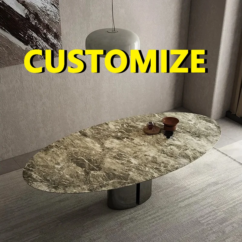 Table à manger ovale en marbre de qualité supérieure sur mesure, toutes tailles, options multi-matériaux, base en acier, mobilier de salle à manger de luxe écologique pour villa 1 Table à manger ovale en marbre de qualité supérieure sur mesure, toutes tailles, options multi-matériaux, base en acier, mobilier de salle à manger de luxe écologique pour villa 1