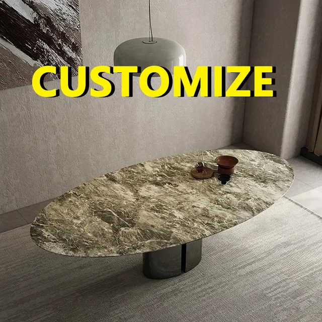 Table à manger ovale en marbre de qualité supérieure sur mesure, toutes tailles, options multi-matériaux, base en acier, mobilier de salle à manger de luxe écologique pour villa 1
