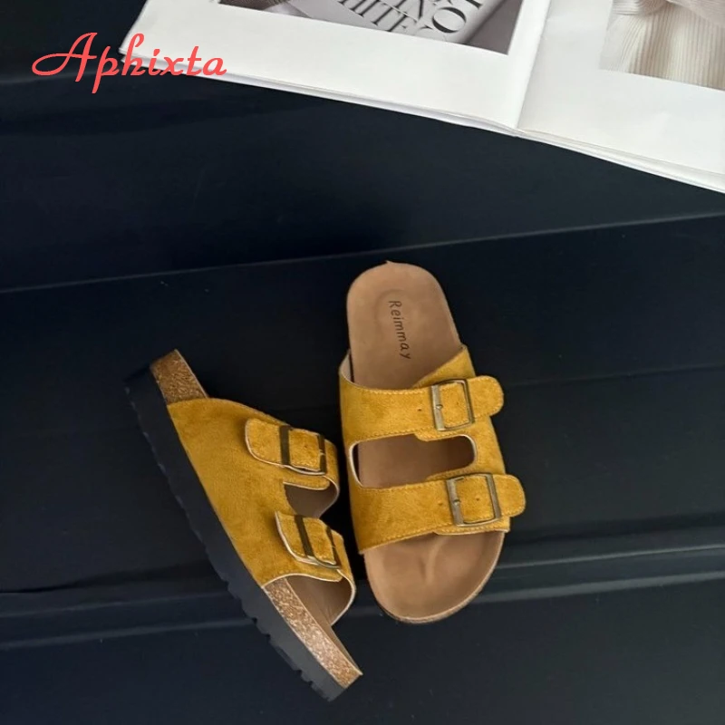 Aphixta Cork Clogs Slippers For Women Classic Suede Summer Sandals Fashion Outdoor Beach Shoes With Adjustable Metal Buckle