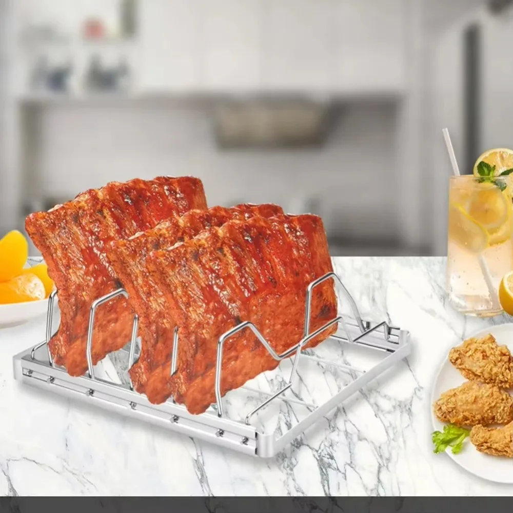 High Quality Stainless Steel Rib Rack Portable Silver Turkey Roasting Rack Folding Barbecue Grill BBQ