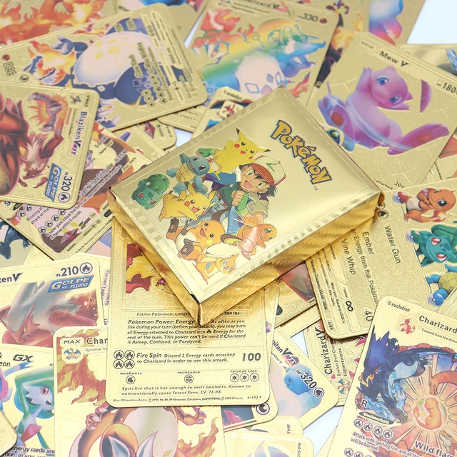 Compre 54 peças de cartas douradas pokemon letras douradas cartas  espanholas metalicas charizard vmax gx series caixa de cartas de jogo