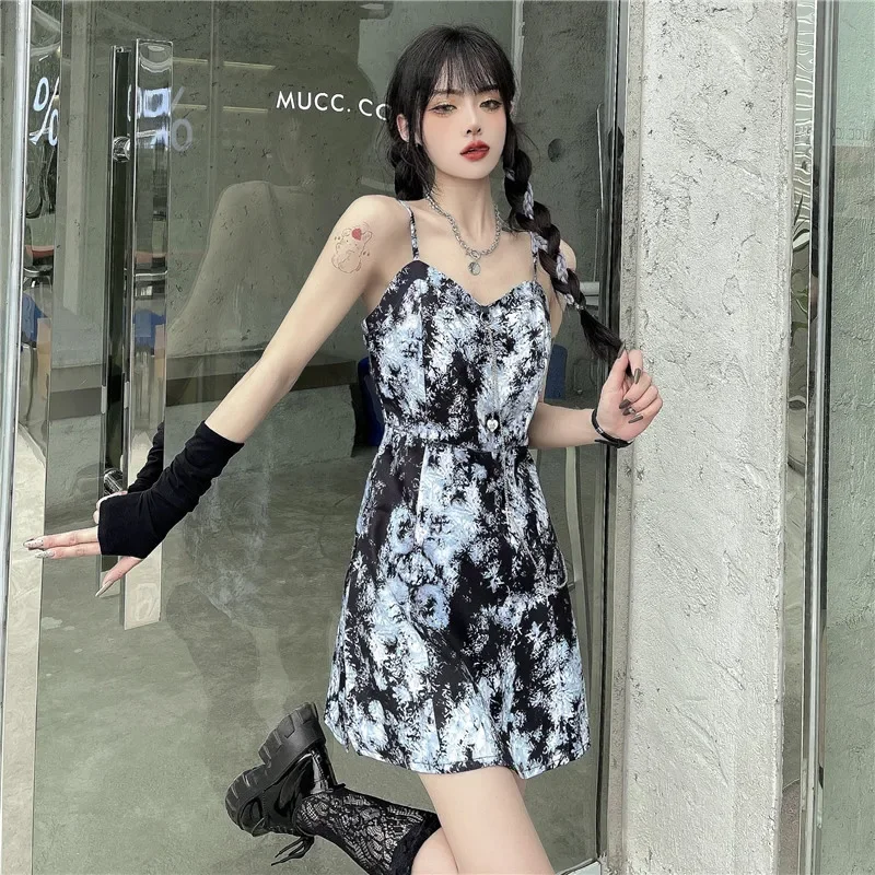 

Fashion Korean Version of The Tie-dye Suspender Sexy Belt Mini Dress Women's Summer Inner Waist Slimming Retro Backless Skirt