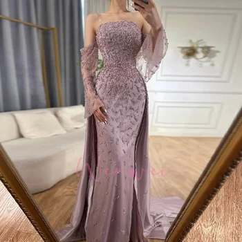 Customized Evening Gowns with Side Skirt Party Dress 2025 Strapless Gray Beaded Pearls Luxury Dubai