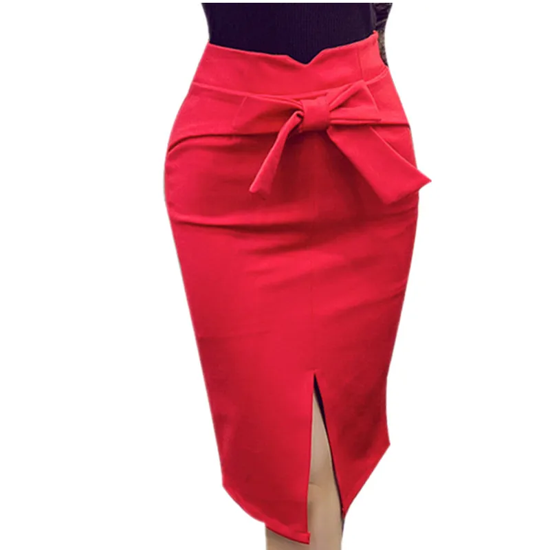 New Fashion Women Pencil Skirt Knee Length High Waist Elegant Open Slit Bow Skirt Plus Size S-5XL