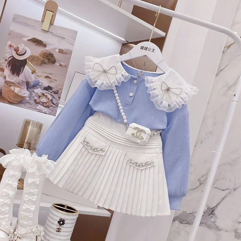 

Girls' Spring Sweatshirt Skirt Two-oiece Set Bodysuit 2024 New Children Clothes Fashion Foreign Style Pleated Two-piece Dress