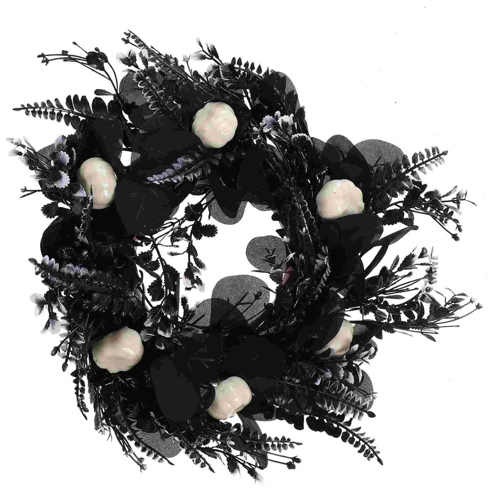 

Halloween Black Wreath Flower Pumpkin Wreath Small Fake Halloween Garland Haunted House Door Wreath Gothic Hanging Eucalyptus