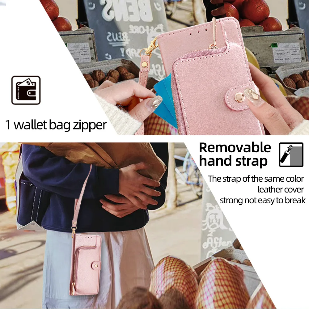 Elegant Leather Zipper Wallet Phone Case with Card Holder & Wrist Strap