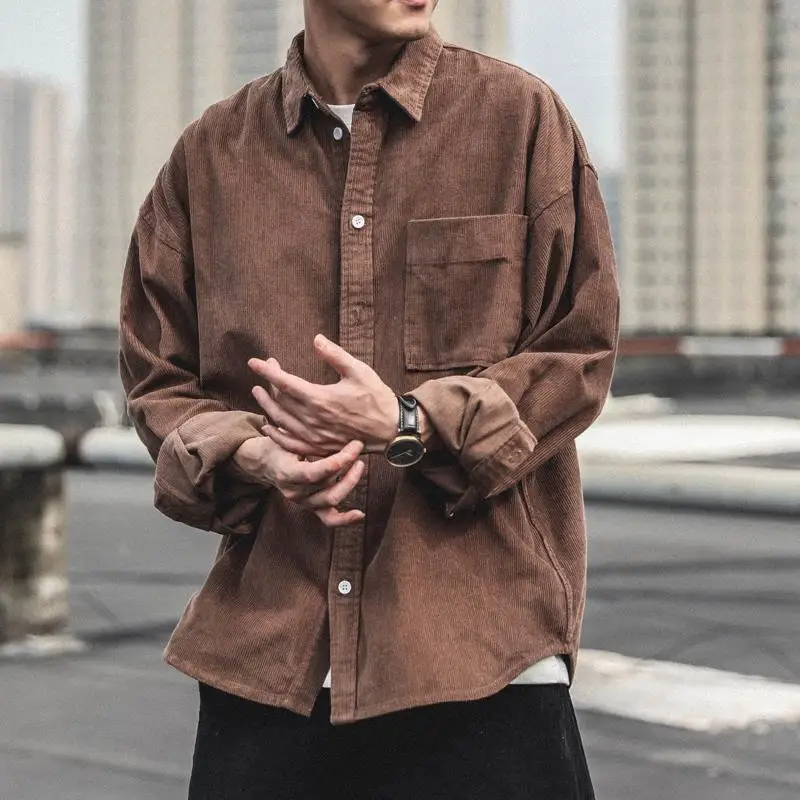 

Autumn Winter New Men Clothing Corduroy Shirts Loose Long Sleeve Korean Trend Top Buttons Pockets Patchwork Versatile Cardigan