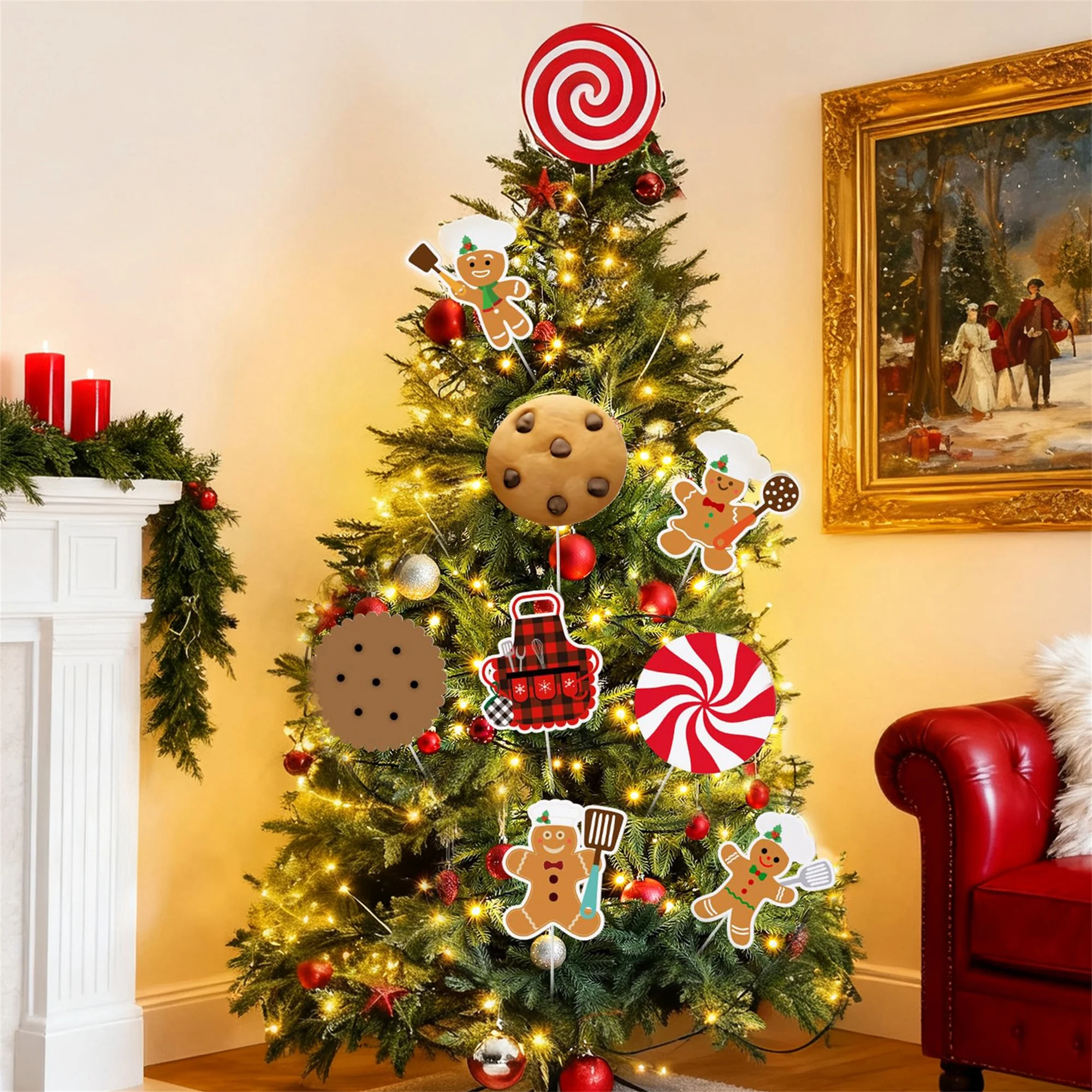 9 Pcs Christmas Tree Picks Creative Colorful Gingerbread Man Cookie Candy Pattern Tree Topper Sticks for Festive Home