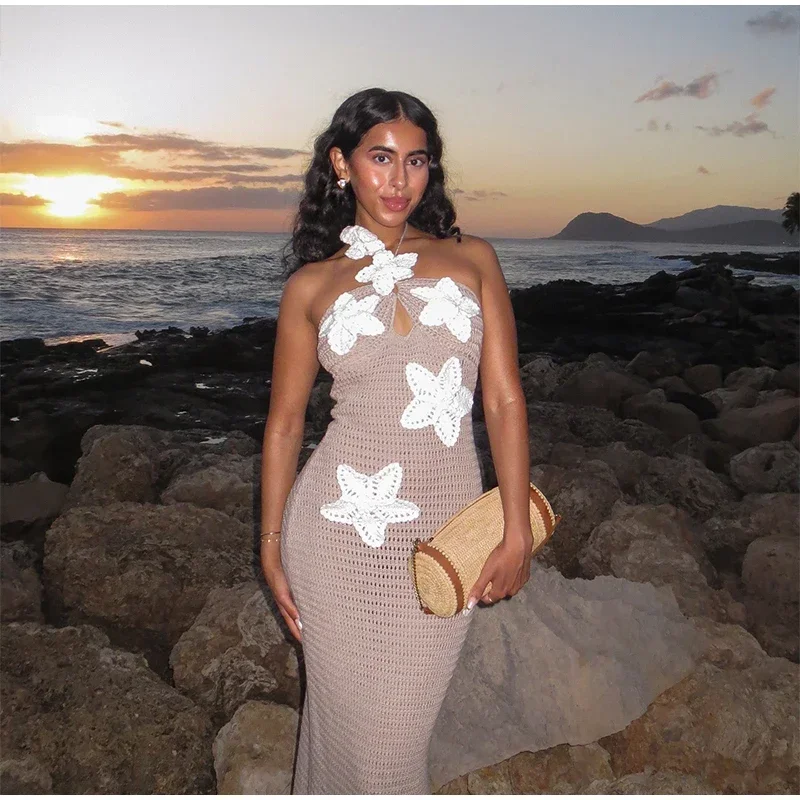 Sexy Knitted 3d Flower Halter Long Dress Women Crochet Hollow Out Sleeveless Blue Maxi Dresses New Lady Beach Vacation Robe