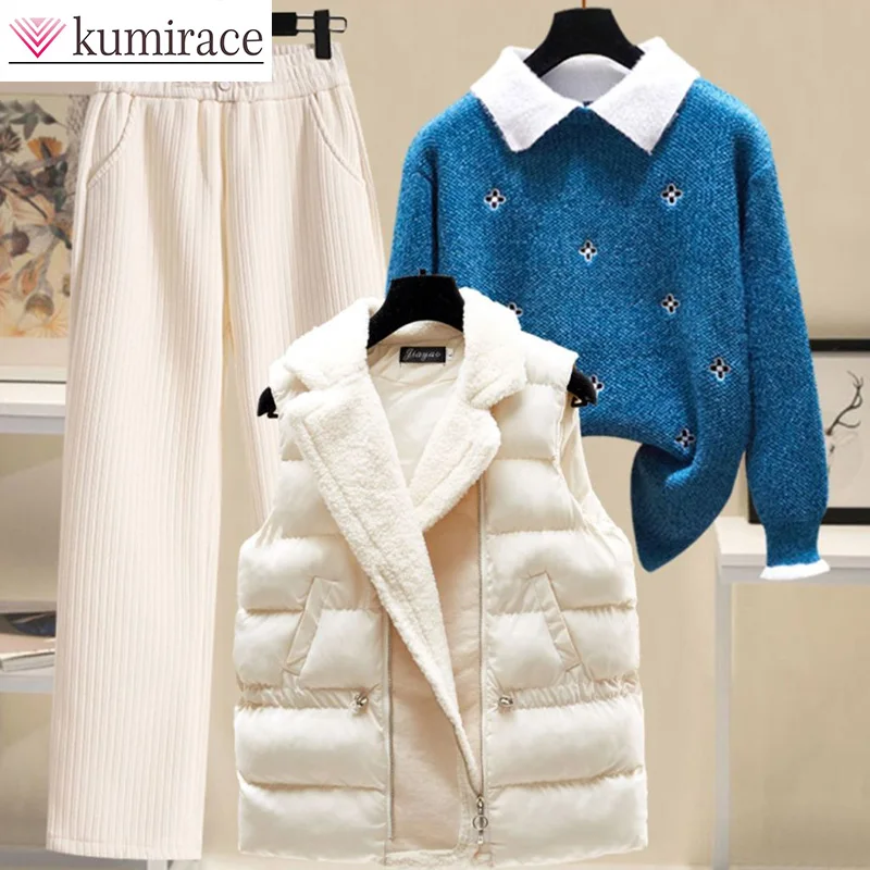 Korean Version New Three Piece Set Women's Winter Lamb Wool Patchwork Vest Jacket Sweater Thickened Plush Straight Leg Pants korean version of denim plus velvet jacket solid color fashion detachable hooded fleece warm lamb wool cotton padded jacket