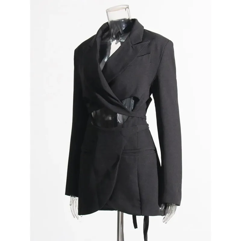 Hollow Out Backless Blazers Women Notched Collar Long Sleeve Solid Straight Spliced Lace Up Sexy Female New launched dress