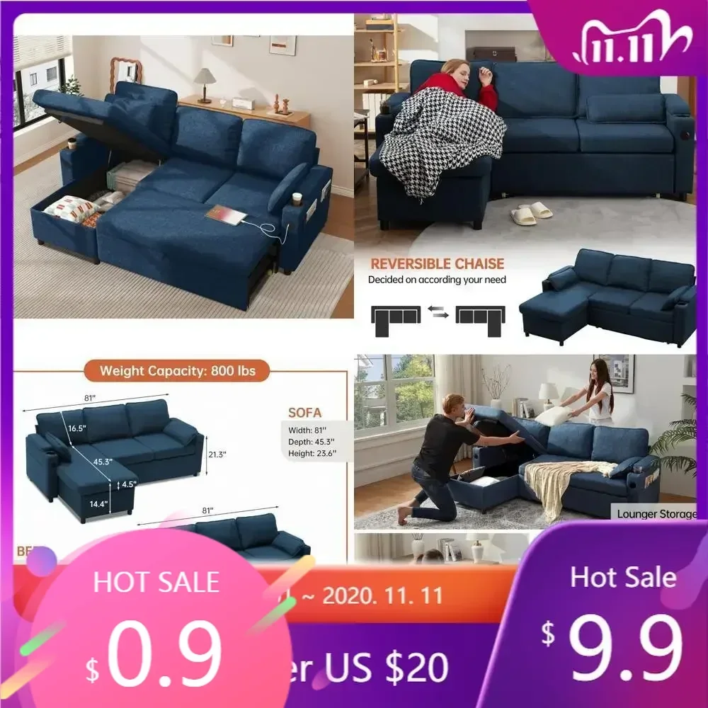 convertible sofa bed with pull-out mattress, living room sleeper couch, l-shaped storage chaise with usb ports and cup holders i