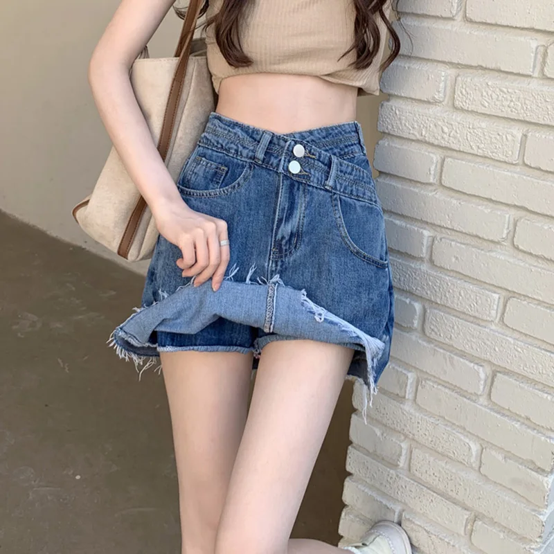

S-5XL New Women Mini Denim Skirt Summer Fashion Asymmetric Frayed Design High Waist A-Line Jeans Skirt Casual Plus Size Skirt