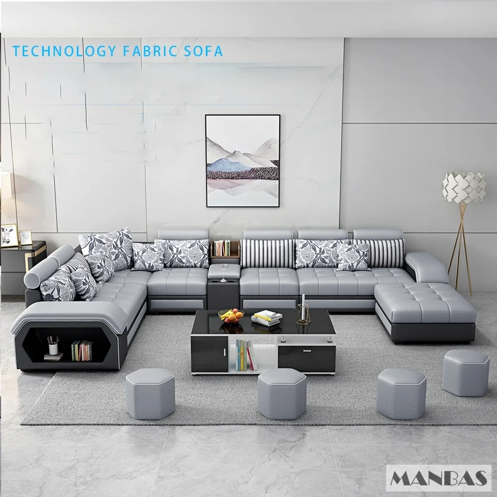 Description Picture 3 of itemMANBAS Fabric Sofa Set Furniture Living Room Sofa Set with USB and Stools / Big U Shape Cloth Couch Sofas for Home Furniture
