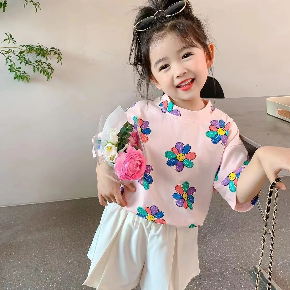 2-8T Cotton Flower Girls Kid Tshirt Toddler Summer Clothes Short Sleeve Top Infant Floral T Shirt Cute Sweet Children Tee Outfit