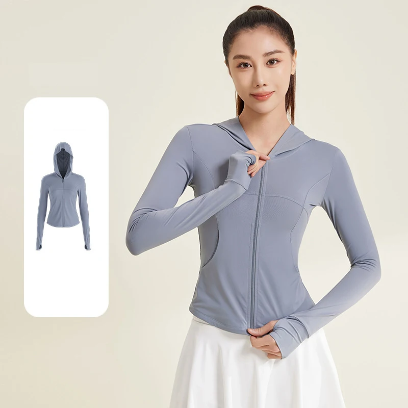 PINGNIAO Yoga Sunscreen Shirt Long sleeved Fitness Running Gym Zipper Hooded Top UV Protection Quick Drying Breathable Jacket