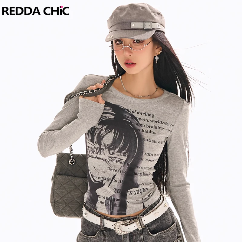 

ReddaChic Women's Long Sleeves Baby Tee Shirt Anime Print Pullover 2000s Trashy Y2k Crop Top Grayu Harajuku 90s Vintage Clothes