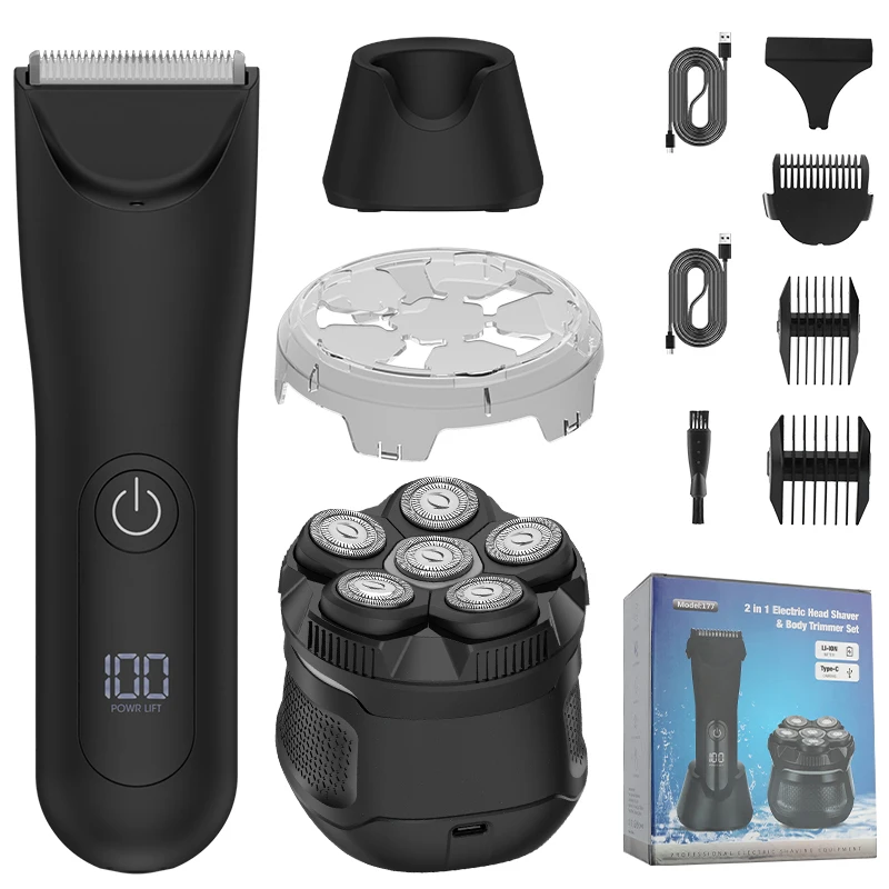 RESUXI 177 Men's 2-in-1 Electric Shaver LCD Rechargeable Razor Full Body Washing Hair Clipper Dry/Wet Full Body Hair Trimmer