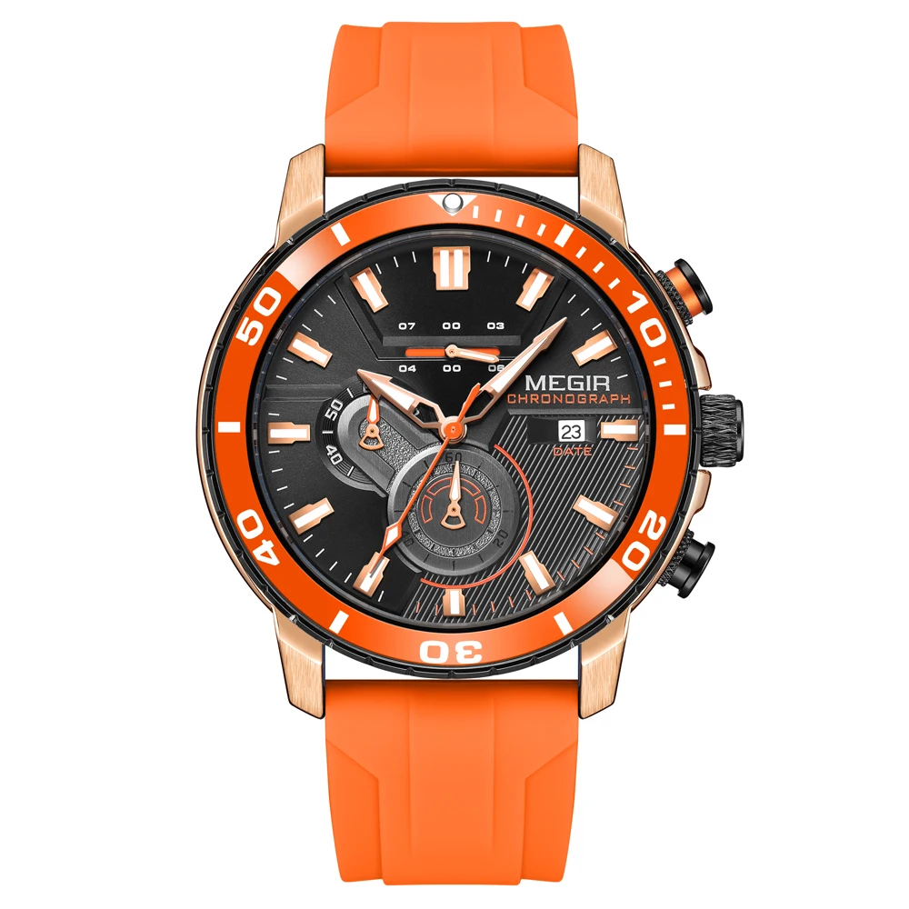 Men's Sport Chronograph Watch with Orange Silicone Strap - Fashionable Waterproof Wristwatch with Luminous Hands and Auto Date Function