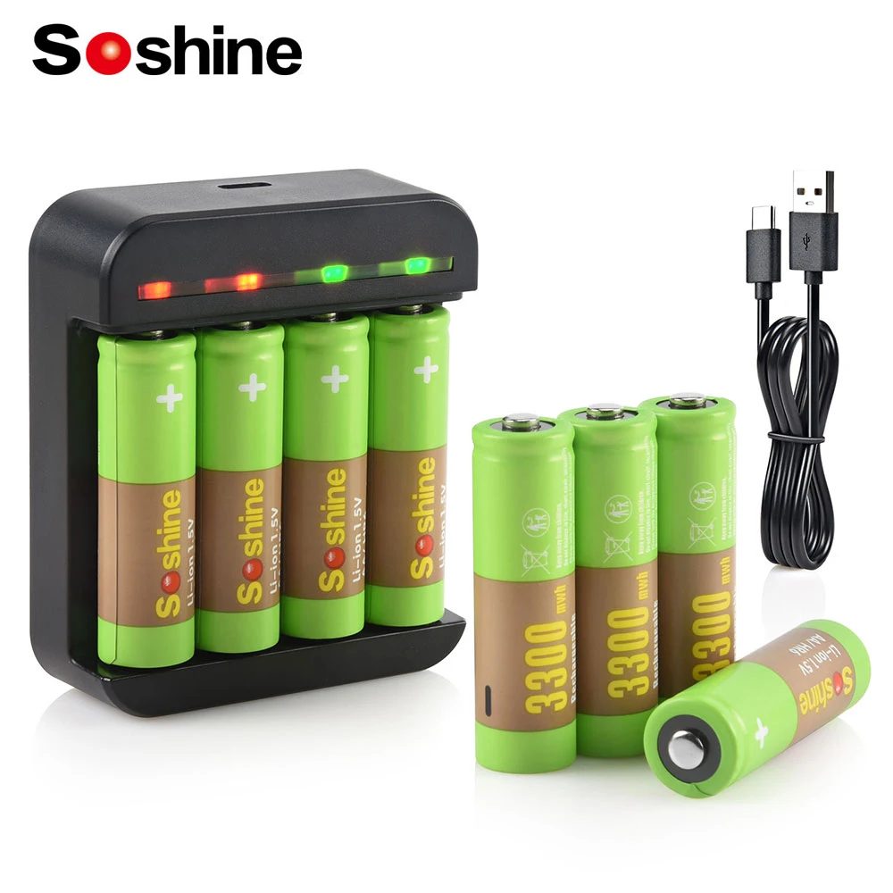 SOSHINE AA Rechargeable Battery 1.5V 3300mWh, Lithium Battery with Li ion AA AAA Smart Rechargeable Battery Charger