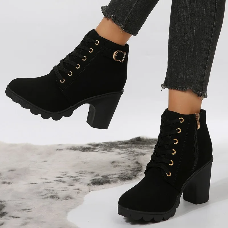 

2024Autumn Winter Women's Ankle Boots Fashion New Side Zipper Suede Platform Chunky Heel Shoes for Women Dress Heeled Shoes