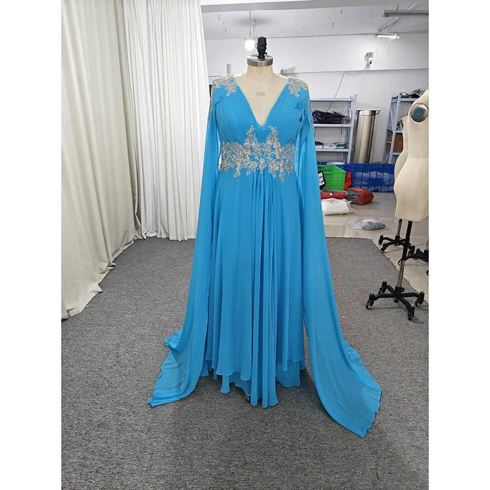Elegant Blue Mother of The Bride Dresses with Cape V Neck Wedding Guest Dress Beaded Appliqued Long Evening Gowns