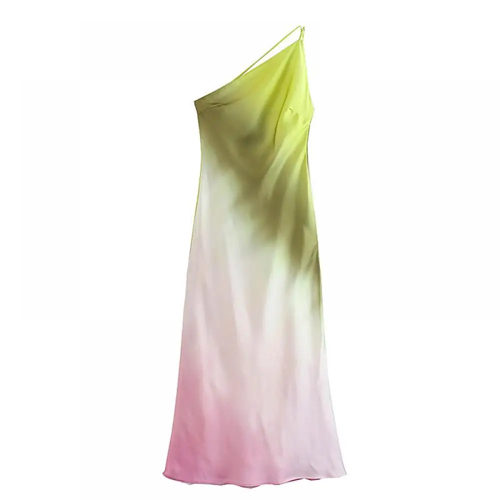 

Women's Strappy One Shoulder Tie Dye Long Dress Casual Asymmetrical Summer Beach Sundress Sleeveless Spaghetti Strap Dress