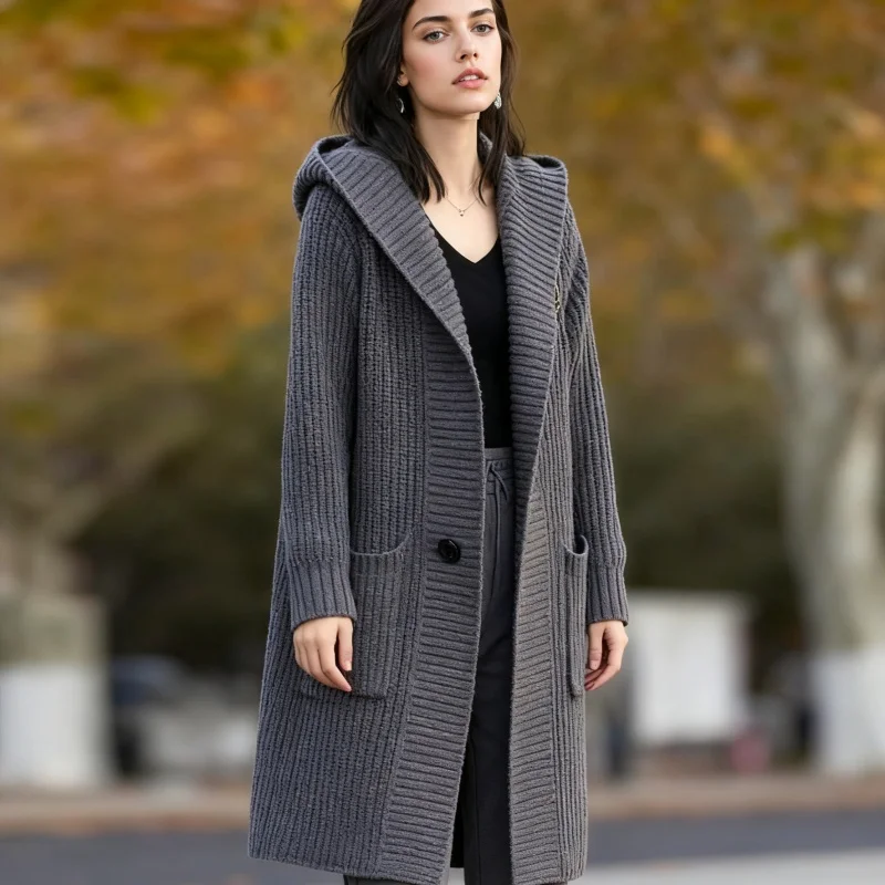الخريف أنيقة بلون متوسطة طويلة سترة جديدة الكورية واحدة الصدر مقنعين سترة سترة عادية فضفاض المرأة تريكو