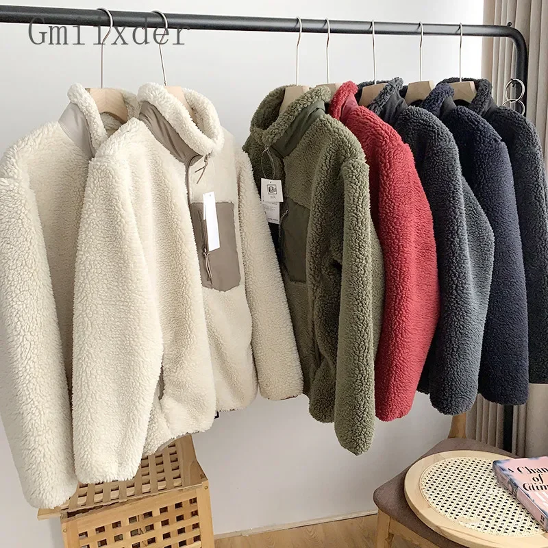 Autumn Winter Lambswool Coat Male Loose Windproof Warm Sherpa Stand Collar Polar Fleece Jacket Unisex Simple  Pocket Spliced Top 2