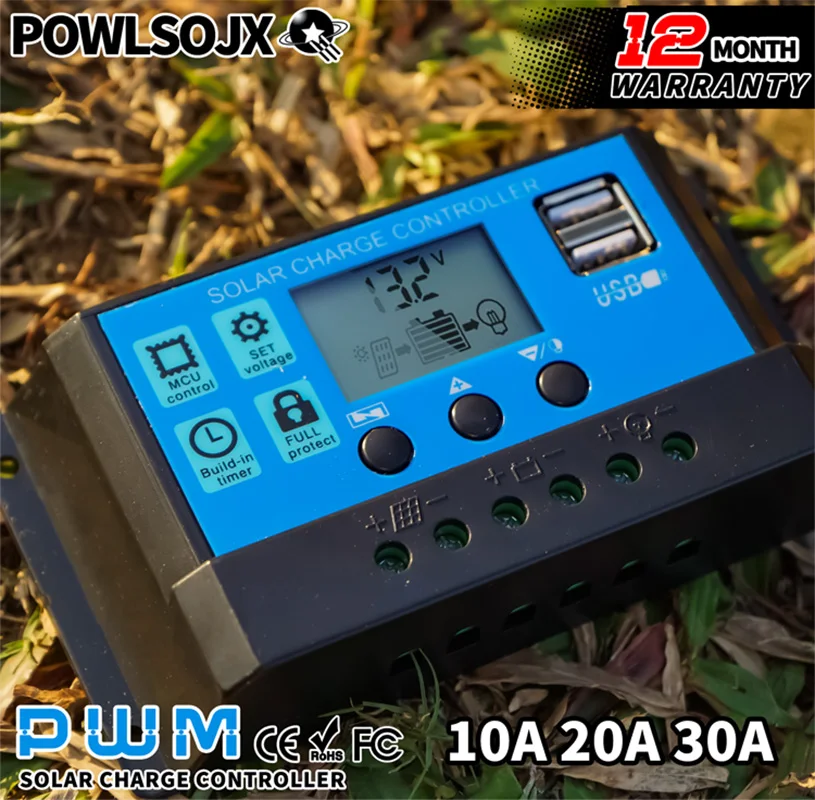 POWLSOJX-Controlador de Carga Solar, Display LCD Ajustável, Porta USB Dupla, Configuração do Temporizador, Parâmetro Automático, 12V, 24V, PWM, 10A, 20A, 30A