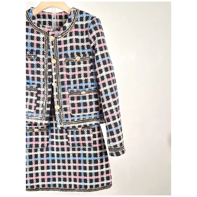 Women French Vintage Plaid Long-sleeved Coat + Mini Skirt Tweed Suit Casual Chic High Quality Small Fragrance Two-piece lady Set
