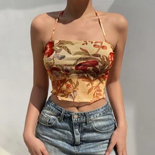 

Floral Crop Top Mesh See Through Sexy Corset Top Frill Cross Halter Sweats Female Summer Party Clubwear Cute Vests