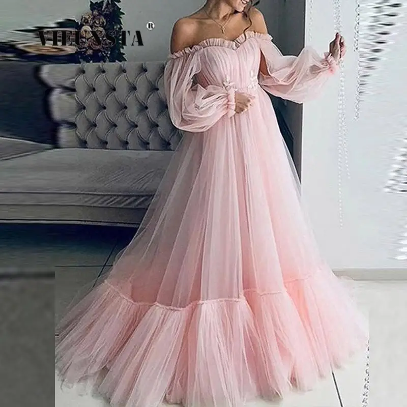 

Fairy Solid Color Puffy Mesh Wedding Dress Off Shoulder Sweetheart Overlay Tulle Champagne Bloom Flower Bridal Gowns Women Dress