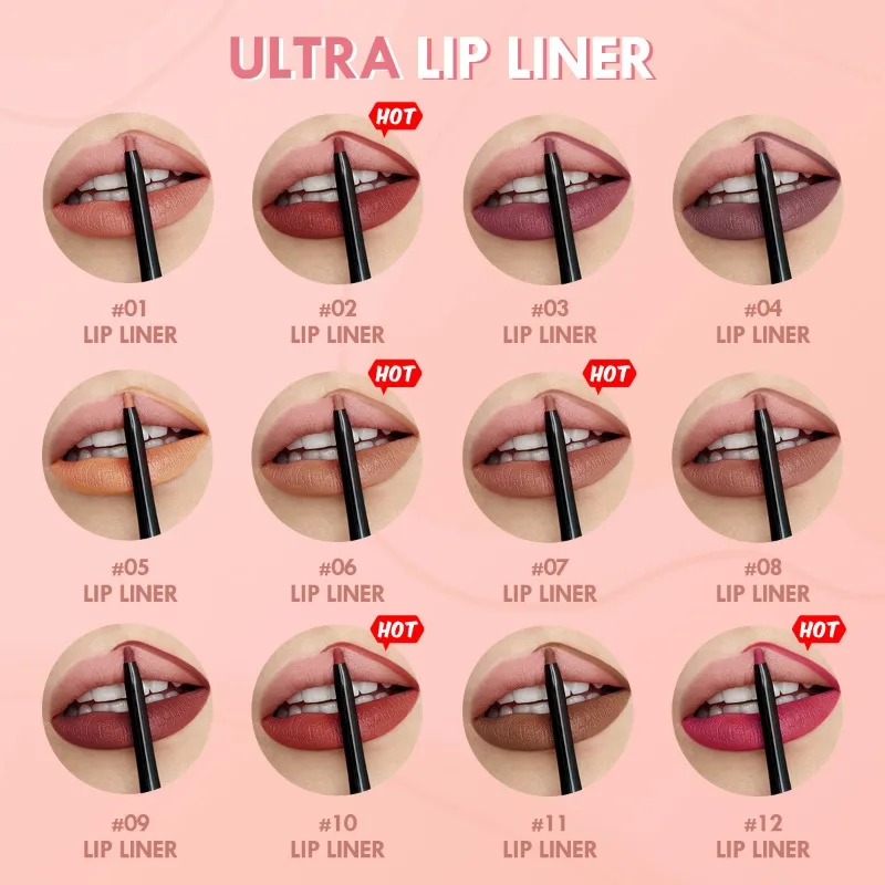 Wasserfester, matter Lipliner-Stift, roter Konturen-Lippenstift, langanhaltend, antihaftbeschichteter Becher, feuchtigkeitsspendendes Lippen-Make-up, 12 Farben_voghion.com